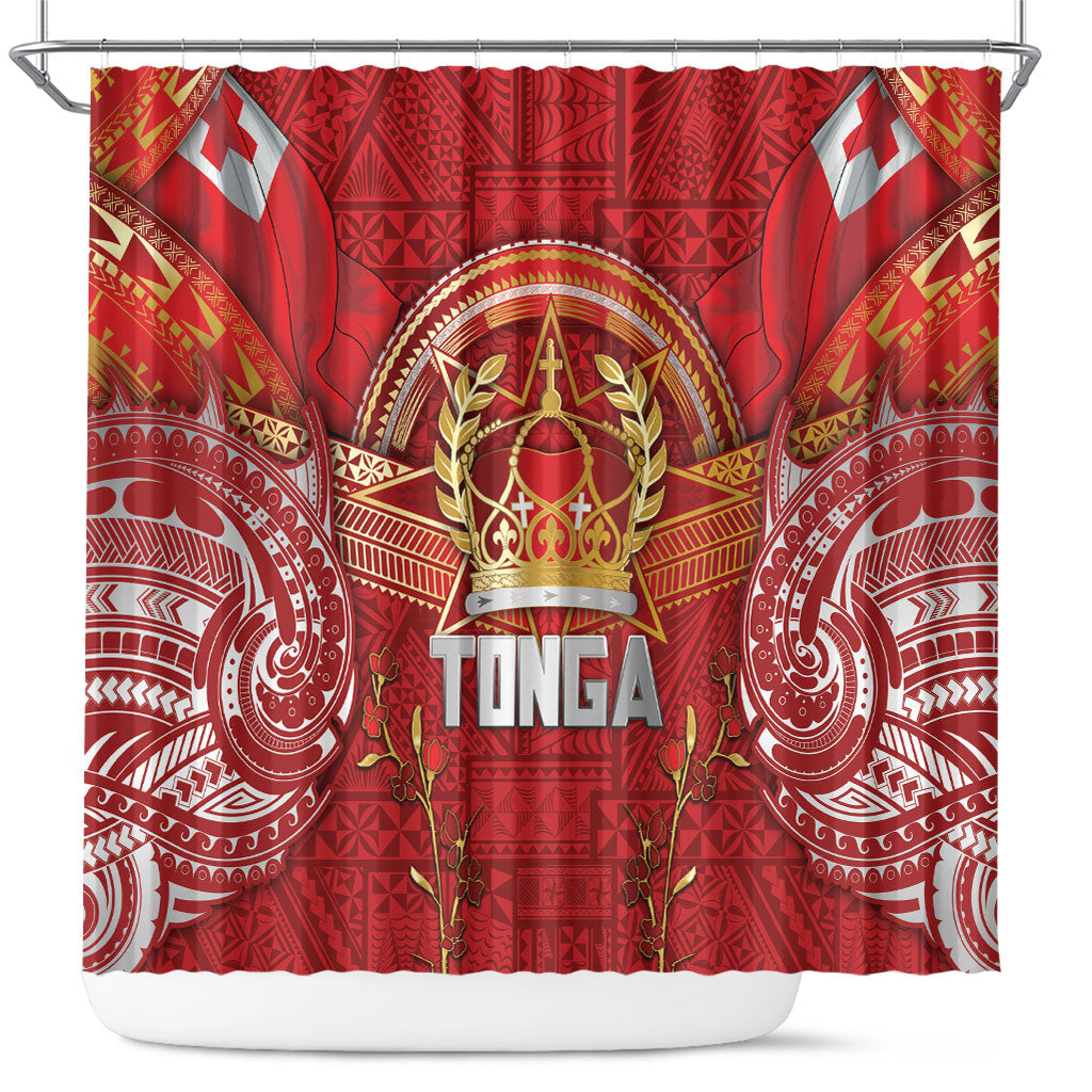 Tonga King's Birthday Shower Curtain Gold Royal Crown Tribal Patterns DT05 Red - Polynesian Pride