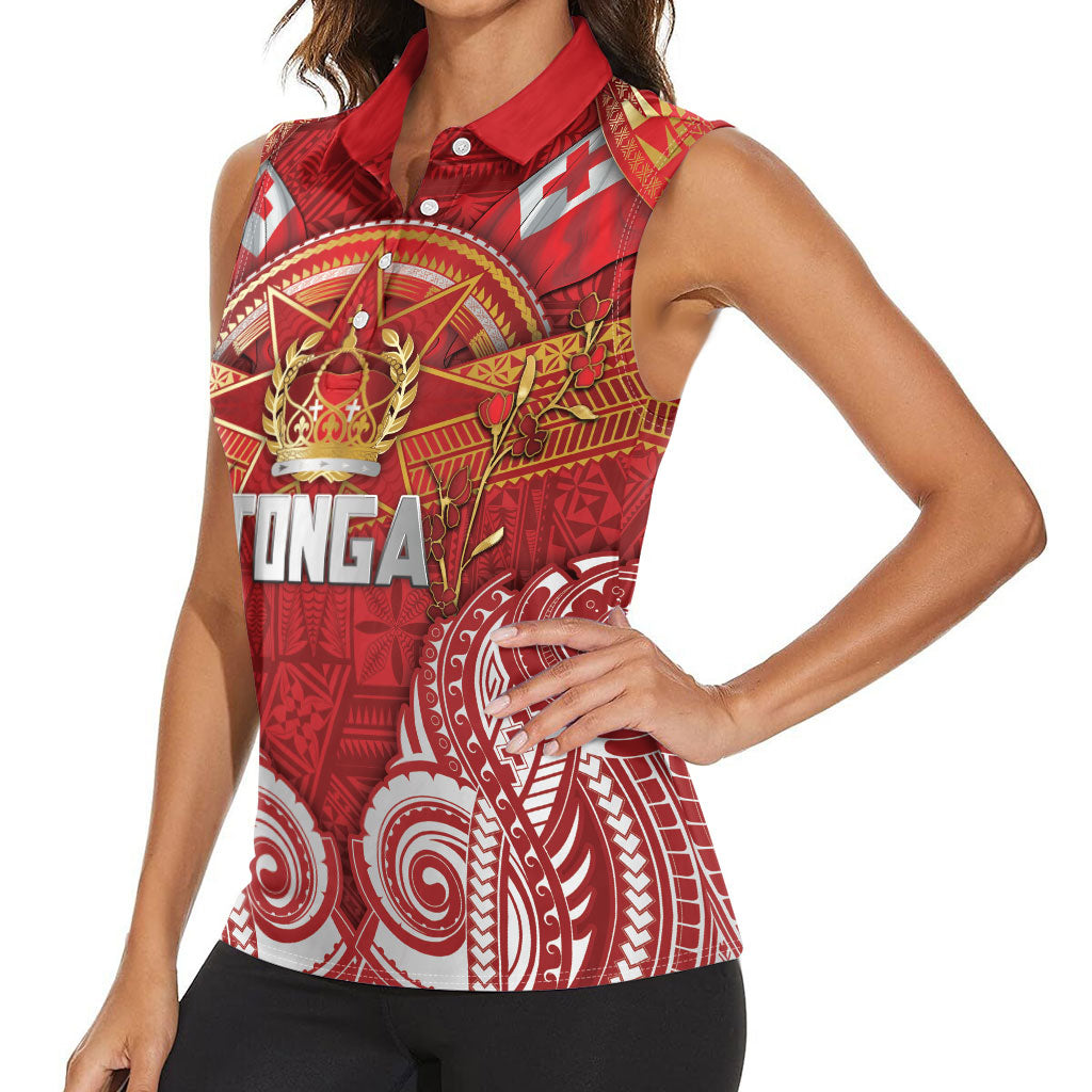 Tonga King's Birthday Women Sleeveless Polo Shirt Gold Royal Crown Tribal Patterns DT05 - Polynesian Pride