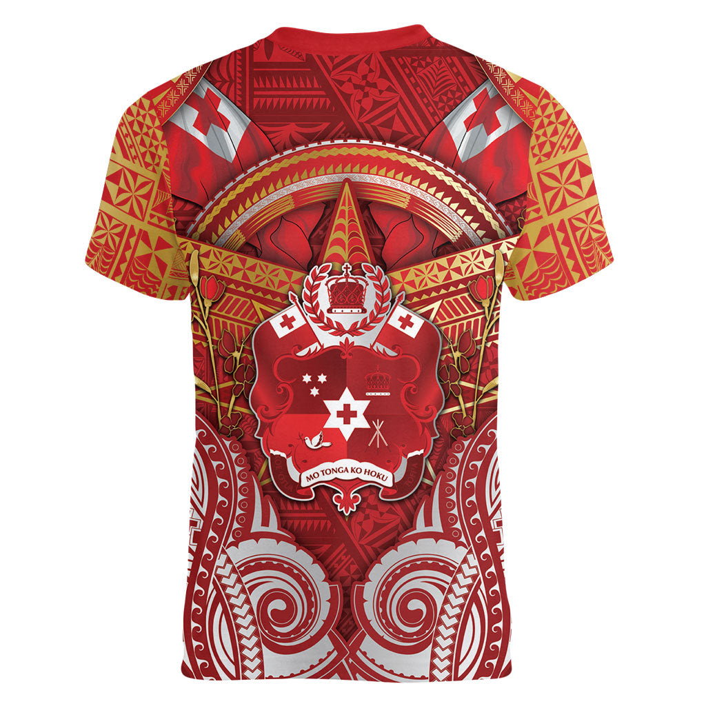 Tonga King's Birthday Women V-Neck T-Shirt Gold Royal Crown Tribal Patterns DT05 - Polynesian Pride