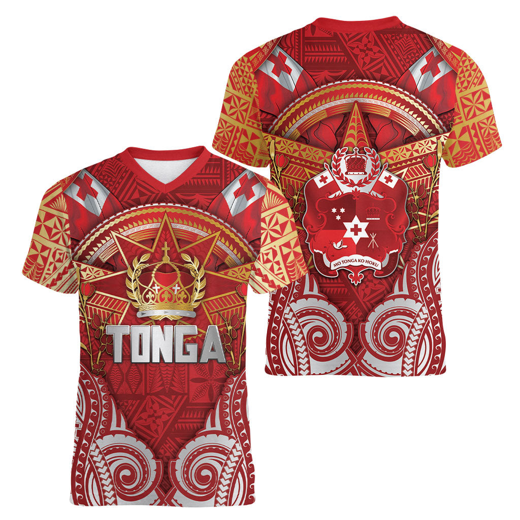 Tonga King's Birthday Women V-Neck T-Shirt Gold Royal Crown Tribal Patterns DT05 - Polynesian Pride