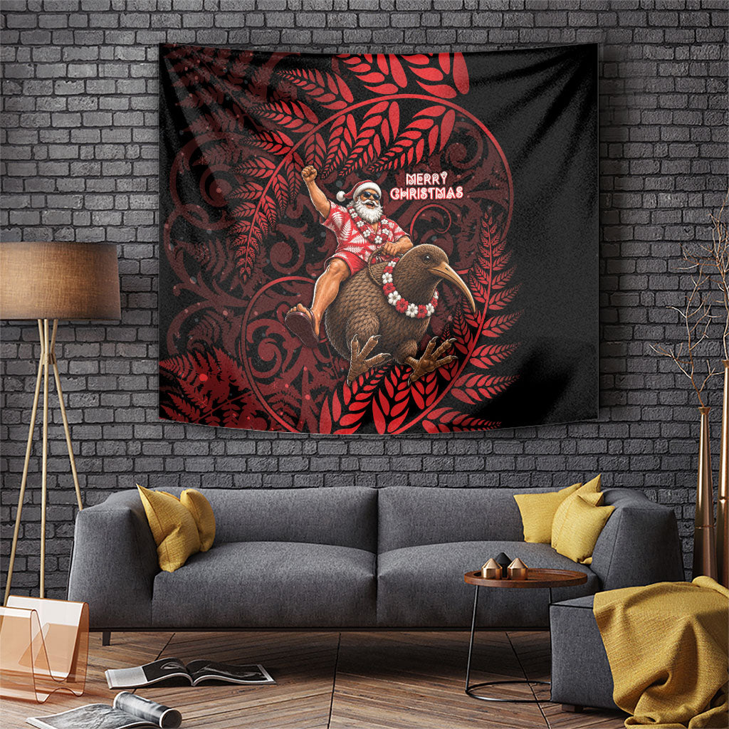 New Zealand Christmas Tapestry Red Santa Riding Kiwi Bird Silver Fern DT05 Red - Polynesian Pride