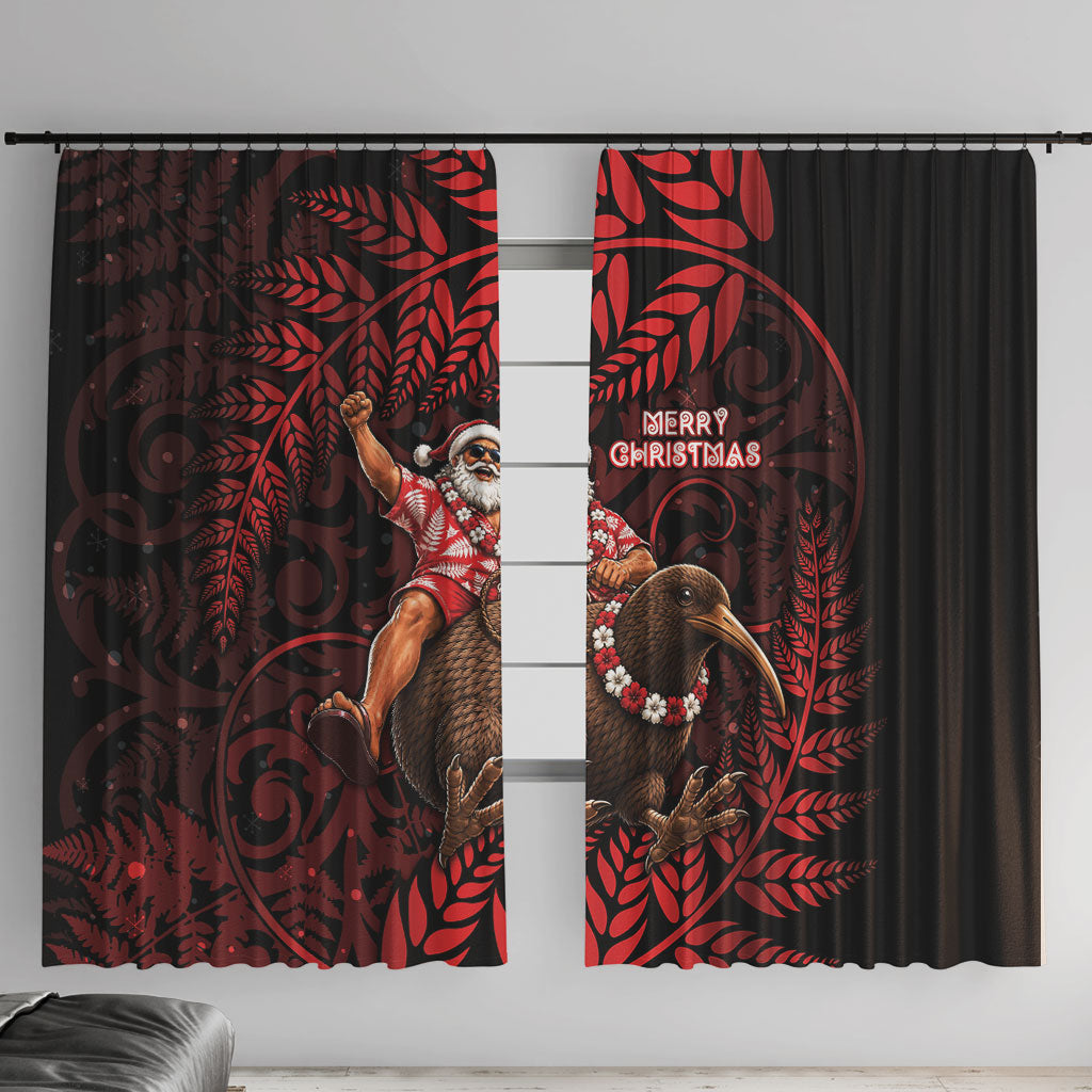 New Zealand Christmas Window Curtain Red Santa Riding Kiwi Bird Silver Fern DT05 With Hooks Red - Polynesian Pride