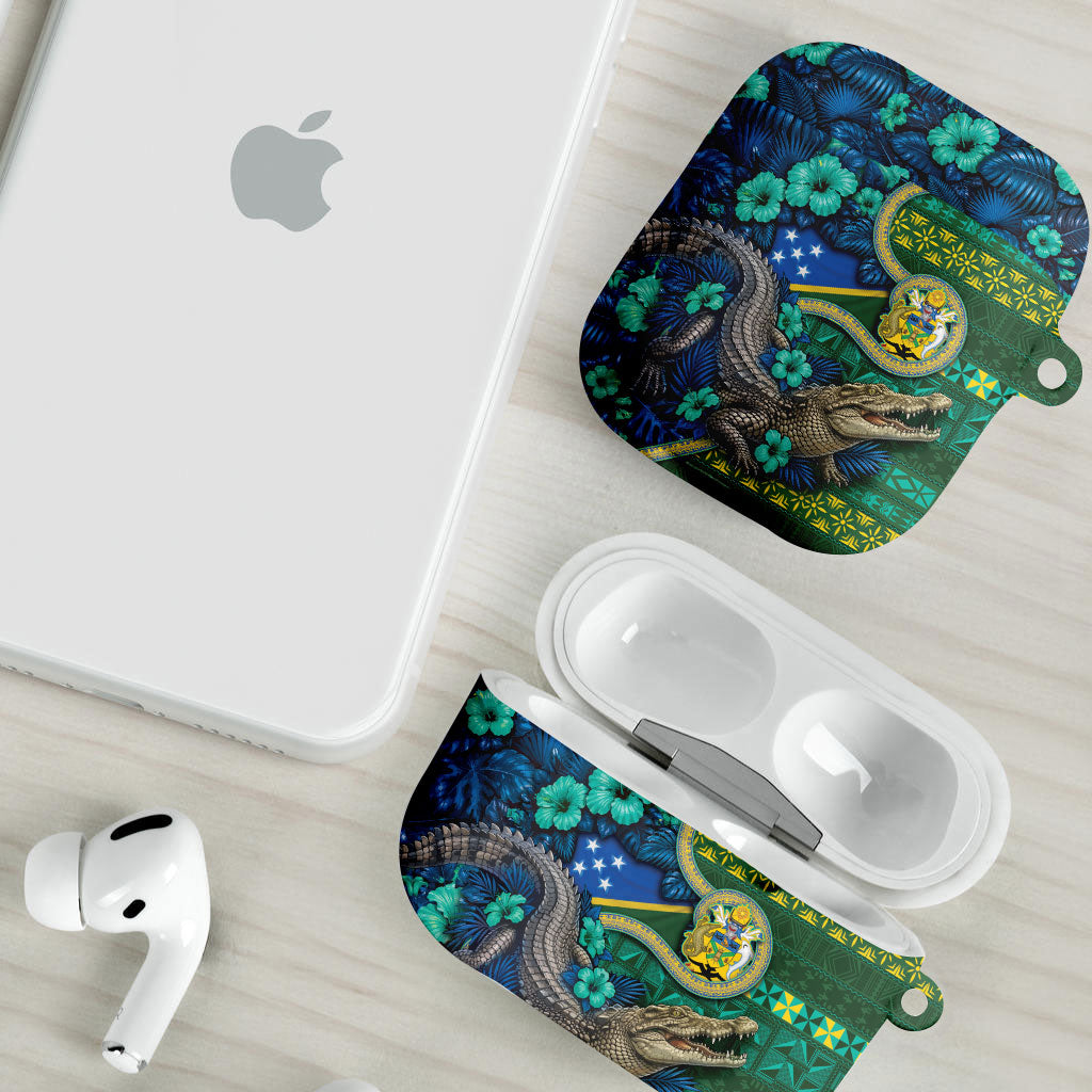 Solomon Islands Independence Day AirPods Case Crocodile Hibiscus Tribal Pattern