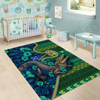 Solomon Islands Independence Day Area Rug Crocodile Hibiscus Tribal Pattern