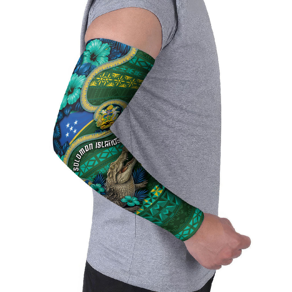 Personalised Solomon Islands Independence Day Arm Sleeves Crocodile Hibiscus Tribal Pattern