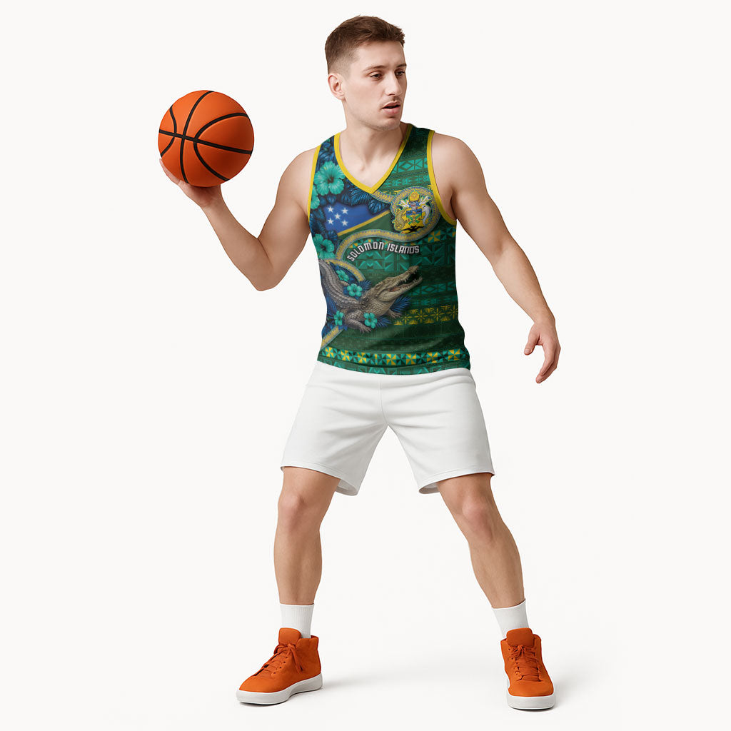 Personalised Solomon Islands Independence Day Basketball Jersey Crocodile Hibiscus Tribal Pattern