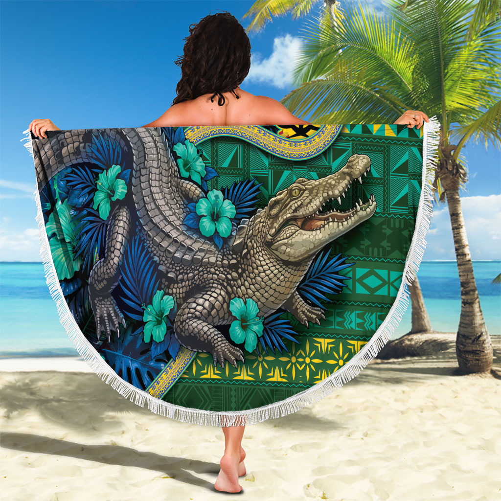 Solomon Islands Independence Day Beach Blanket Crocodile Hibiscus Tribal Pattern