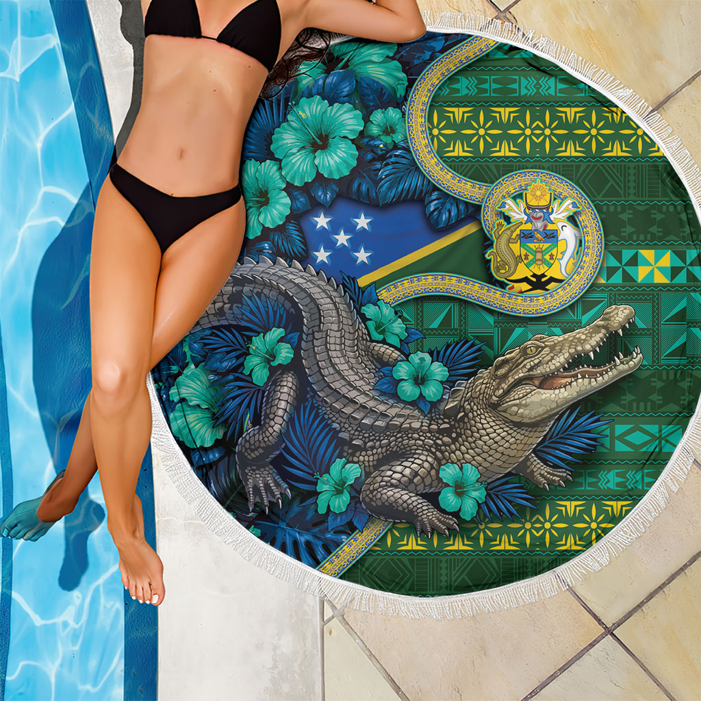 Solomon Islands Independence Day Beach Blanket Crocodile Hibiscus Tribal Pattern