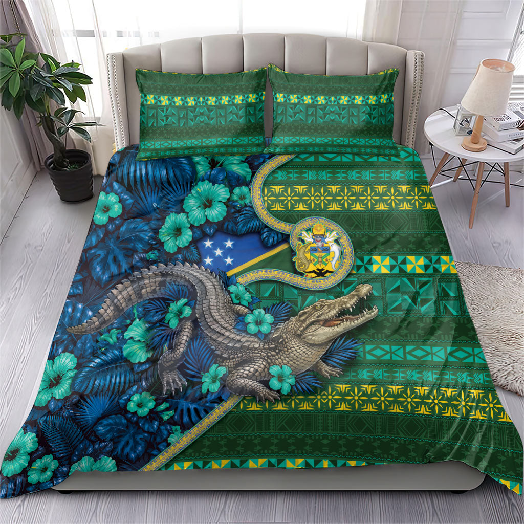 Solomon Islands Independence Day Bedding Set Crocodile Hibiscus Tribal Pattern