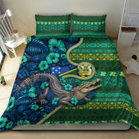 Solomon Islands Independence Day Bedding Set Crocodile Hibiscus Tribal Pattern