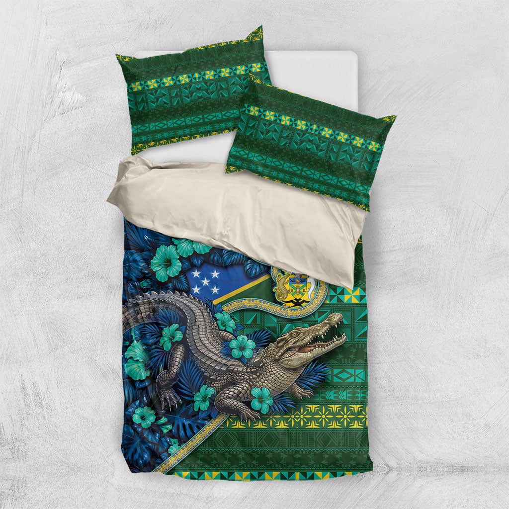 Solomon Islands Independence Day Bedding Set Crocodile Hibiscus Tribal Pattern