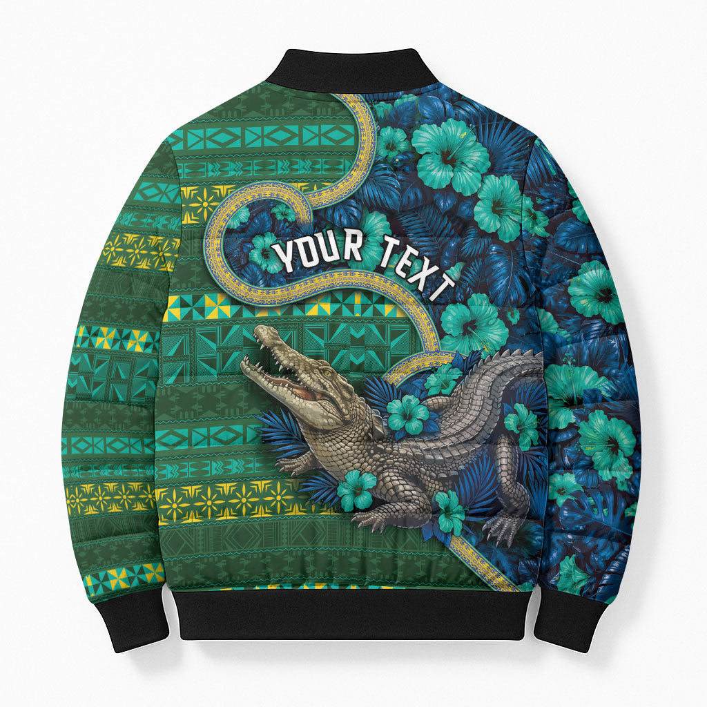 Personalised Solomon Islands Independence Day Bomber Puffer Jacket Crocodile Hibiscus Tribal Pattern