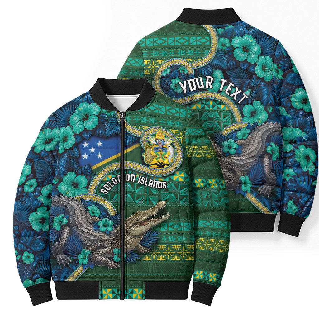 Personalised Solomon Islands Independence Day Bomber Puffer Jacket Crocodile Hibiscus Tribal Pattern
