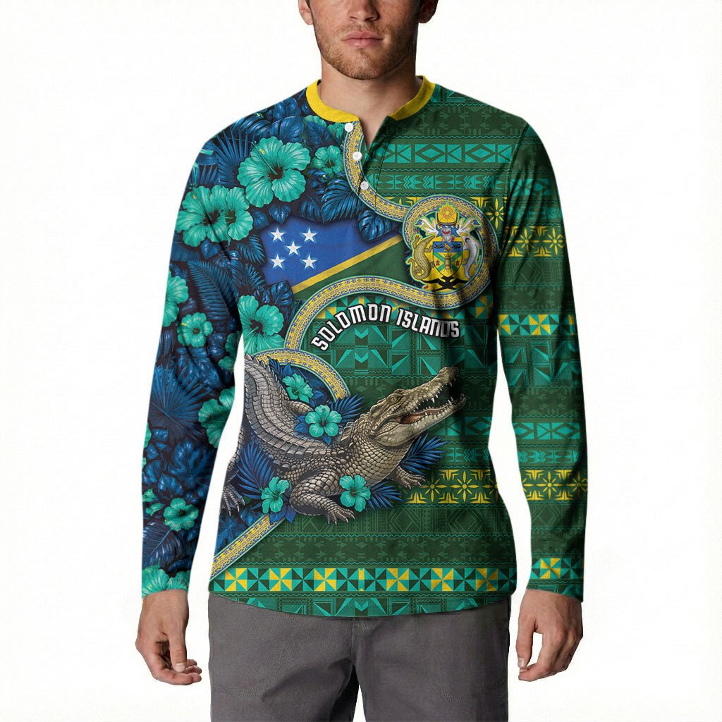 Personalised Solomon Islands Independence Day Button Sweatshirt Crocodile Hibiscus Tribal Pattern