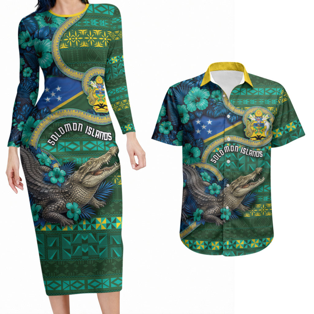 Personalised Solomon Islands Independence Day Couples Matching Long Sleeve Bodycon Dress and Hawaiian Shirt Crocodile Hibiscus Tribal Pattern DT05 Green - Polynesian Pride
