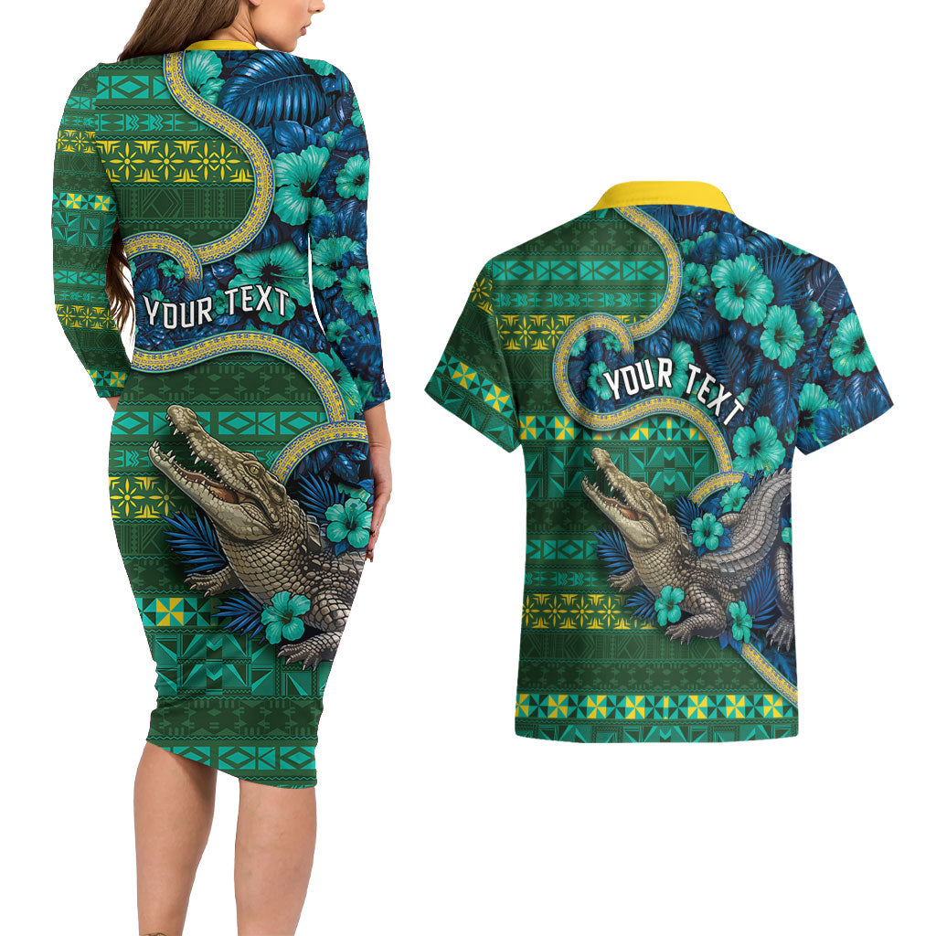 Personalised Solomon Islands Independence Day Couples Matching Long Sleeve Bodycon Dress and Hawaiian Shirt Crocodile Hibiscus Tribal Pattern