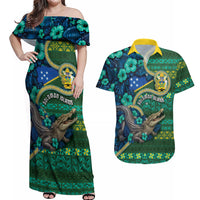 Personalised Solomon Islands Independence Day Couples Matching Off Shoulder Maxi Dress and Hawaiian Shirt Crocodile Hibiscus Tribal Pattern
