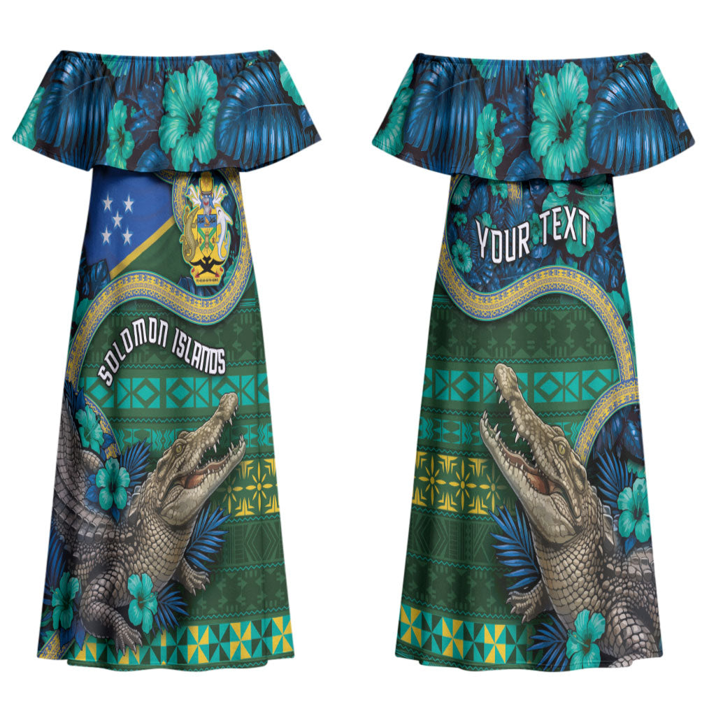 Personalised Solomon Islands Independence Day Couples Matching Off Shoulder Maxi Dress and Hawaiian Shirt Crocodile Hibiscus Tribal Pattern DT05 - Polynesian Pride