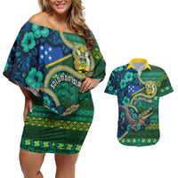 Personalised Solomon Islands Independence Day Couples Matching Off Shoulder Short Dress and Hawaiian Shirt Crocodile Hibiscus Tribal Pattern