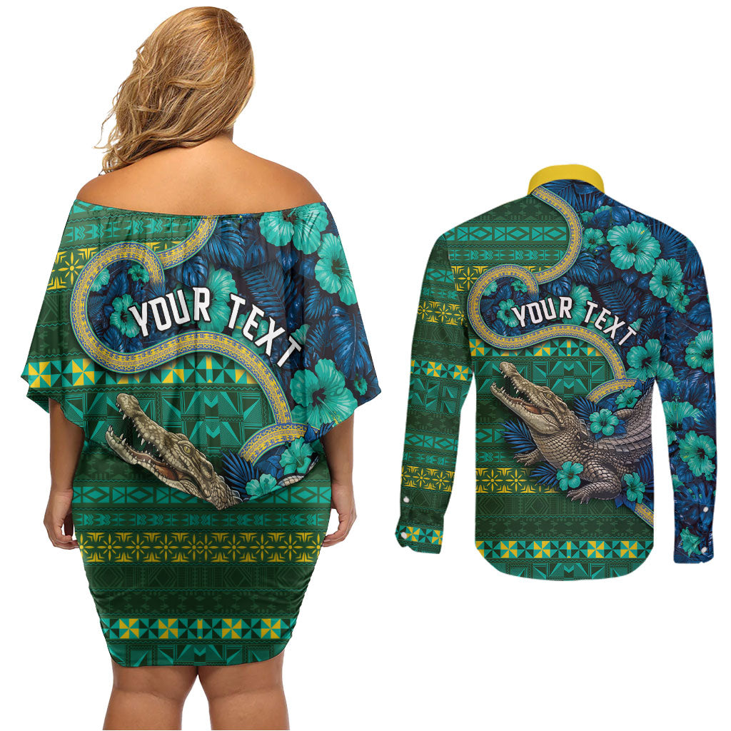 Personalised Solomon Islands Independence Day Couples Matching Off Shoulder Short Dress and Long Sleeve Button Shirt Crocodile Hibiscus Tribal Pattern