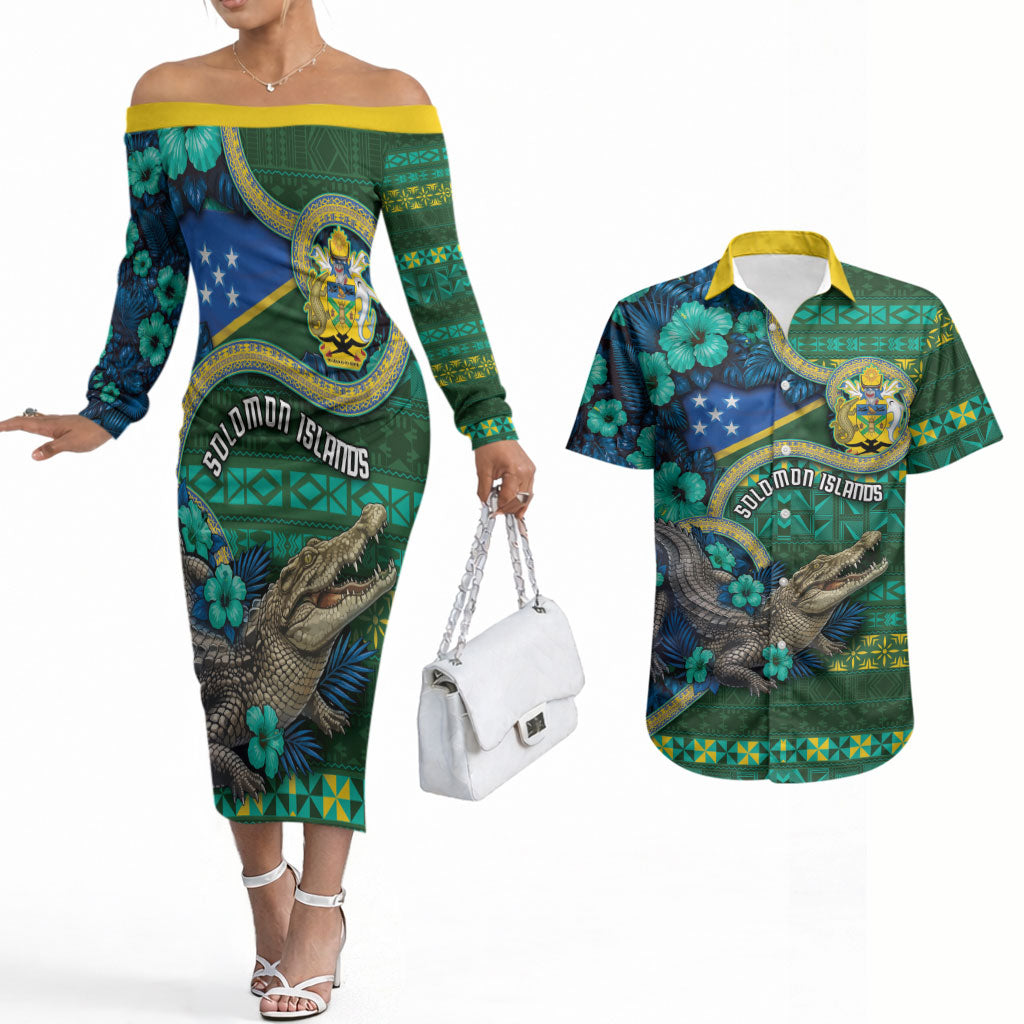 Personalised Solomon Islands Independence Day Couples Matching Off The Shoulder Long Sleeve Dress and Hawaiian Shirt Crocodile Hibiscus Tribal Pattern DT05 Green - Polynesian Pride