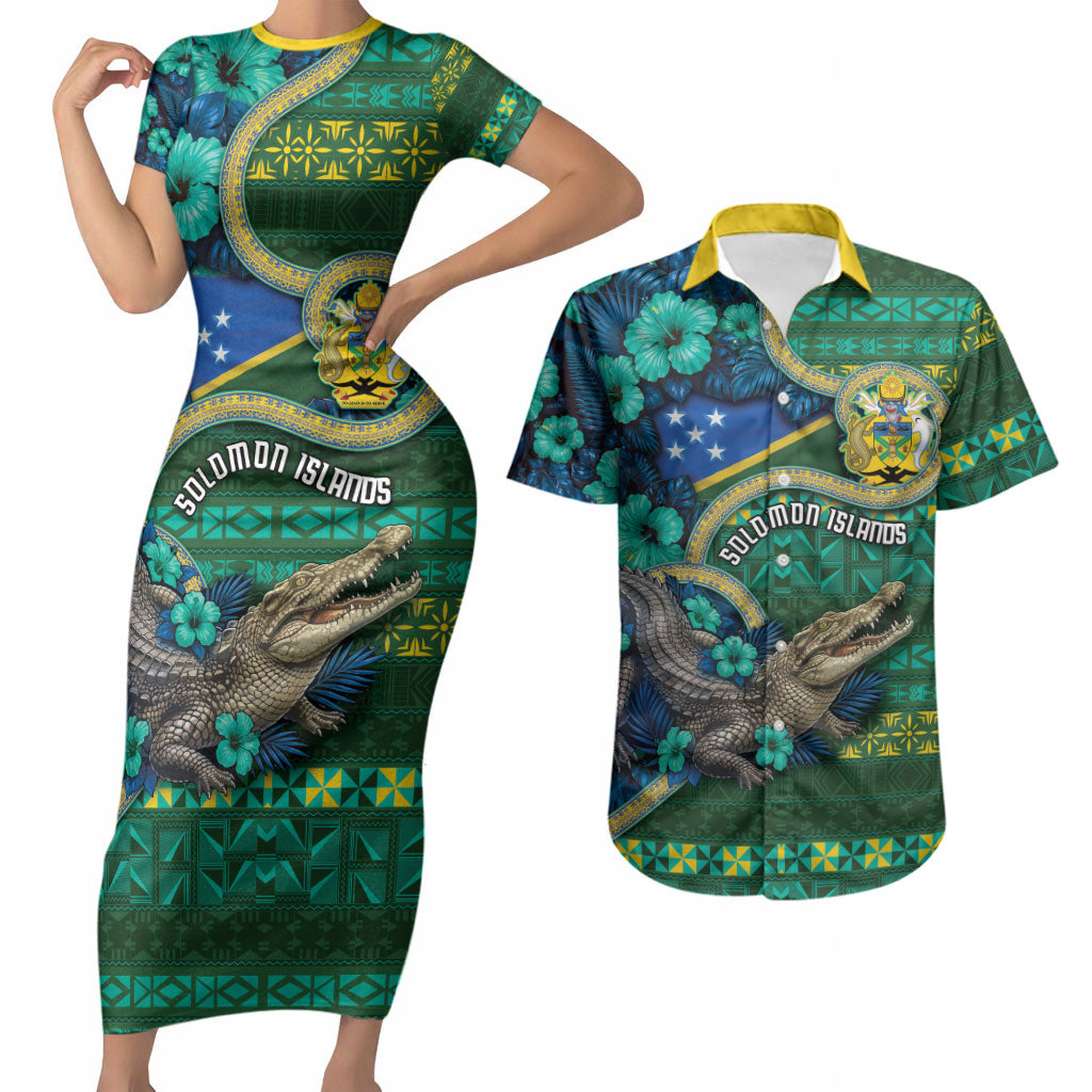 Personalised Solomon Islands Independence Day Couples Matching Short Sleeve Bodycon Dress and Hawaiian Shirt Crocodile Hibiscus Tribal Pattern DT05 Green - Polynesian Pride