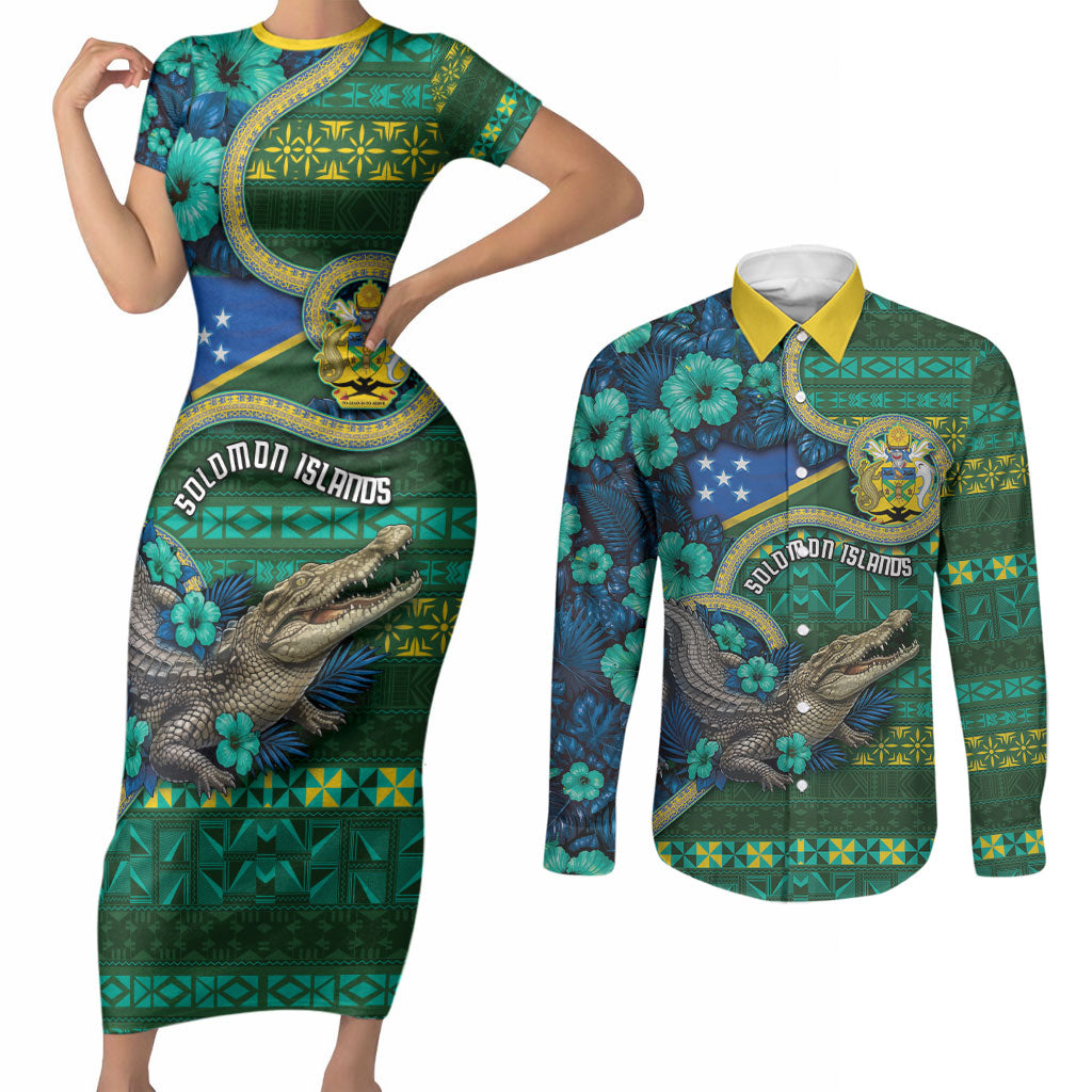 Personalised Solomon Islands Independence Day Couples Matching Short Sleeve Bodycon Dress and Long Sleeve Button Shirt Crocodile Hibiscus Tribal Pattern DT05 Green - Polynesian Pride