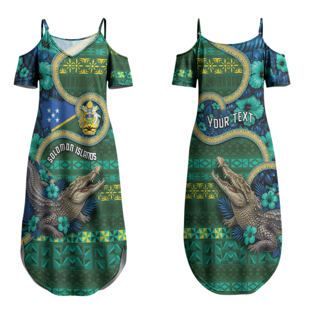 Personalised Solomon Islands Independence Day Couples Matching Summer Maxi Dress and Long Sleeve Button Shirt Crocodile Hibiscus Tribal Pattern DT05 - Polynesian Pride