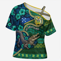 Personalised Solomon Islands Independence Day Cross Shoulder Shirt Crocodile Hibiscus Tribal Pattern