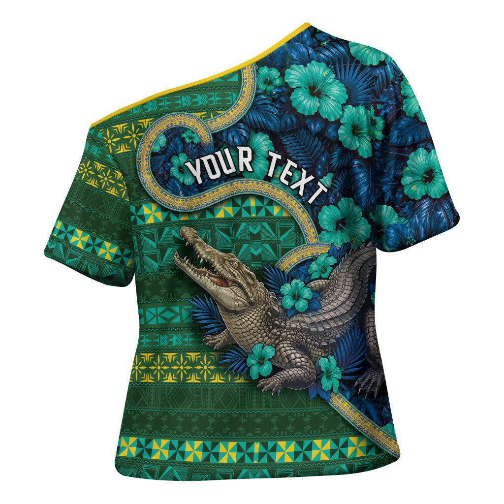 Personalised Solomon Islands Independence Day Cross Shoulder Shirt Crocodile Hibiscus Tribal Pattern