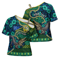 Personalised Solomon Islands Independence Day Cross Shoulder Shirt Crocodile Hibiscus Tribal Pattern