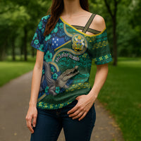 Personalised Solomon Islands Independence Day Cross Shoulder Shirt Crocodile Hibiscus Tribal Pattern