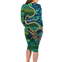 Personalised Solomon Islands Independence Day Family Matching Long Sleeve Bodycon Dress and Hawaiian Shirt Crocodile Hibiscus Tribal Pattern