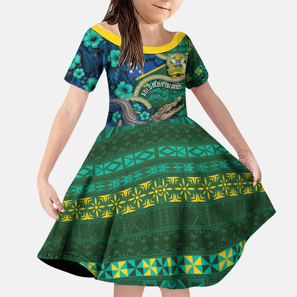 Personalised Solomon Islands Independence Day Family Matching Off The Shoulder Long Sleeve Dress and Hawaiian Shirt Crocodile Hibiscus Tribal Pattern