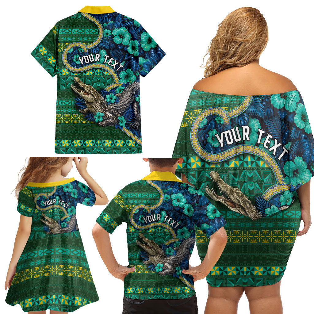 Personalised Solomon Islands Independence Day Family Matching Off Shoulder Short Dress and Hawaiian Shirt Crocodile Hibiscus Tribal Pattern