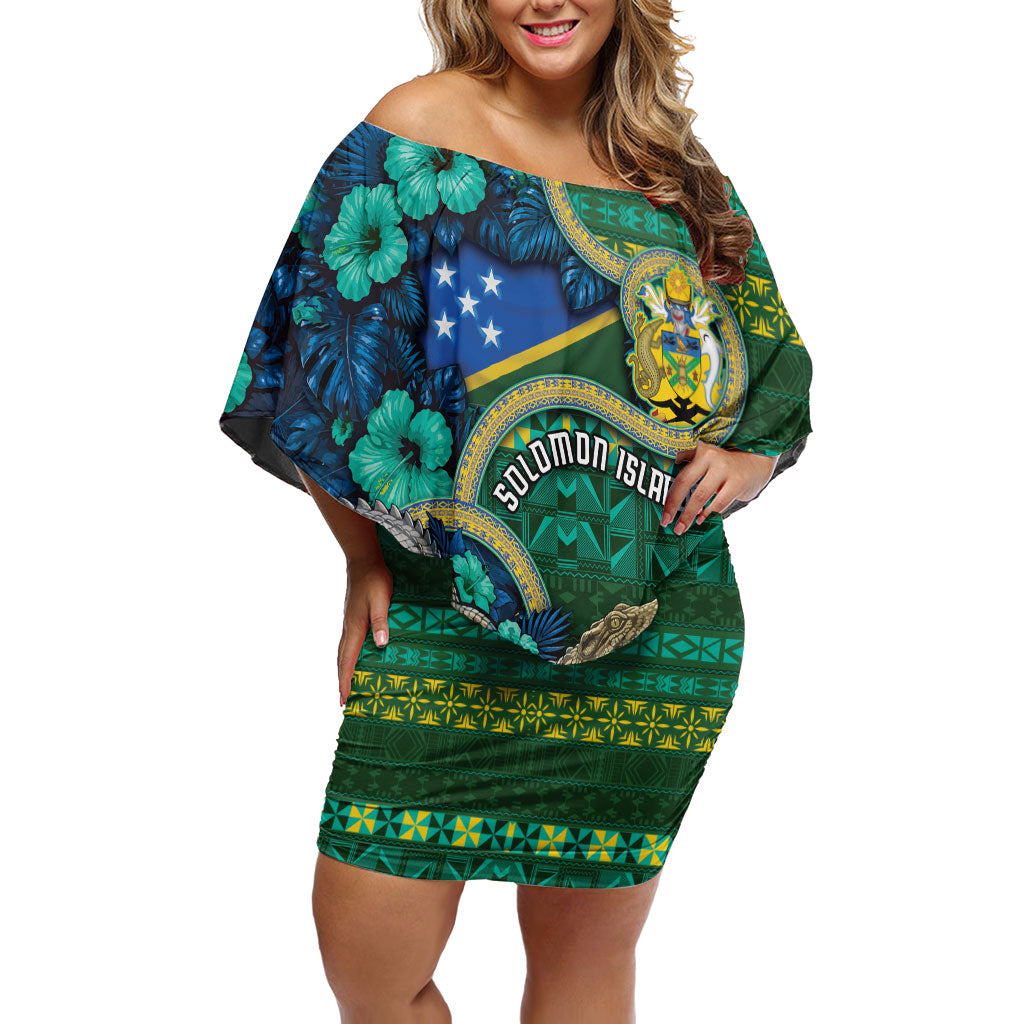 Personalised Solomon Islands Independence Day Family Matching Off Shoulder Short Dress and Hawaiian Shirt Crocodile Hibiscus Tribal Pattern