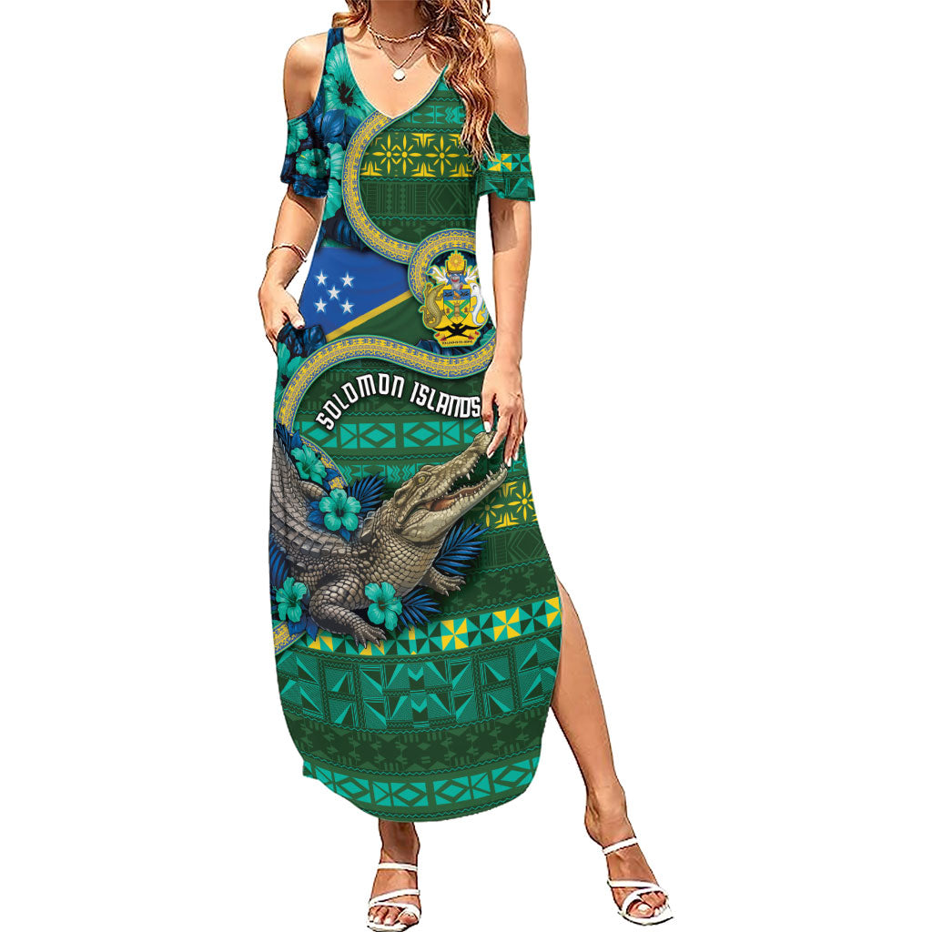 Personalised Solomon Islands Independence Day Family Matching Summer Maxi Dress and Hawaiian Shirt Crocodile Hibiscus Tribal Pattern