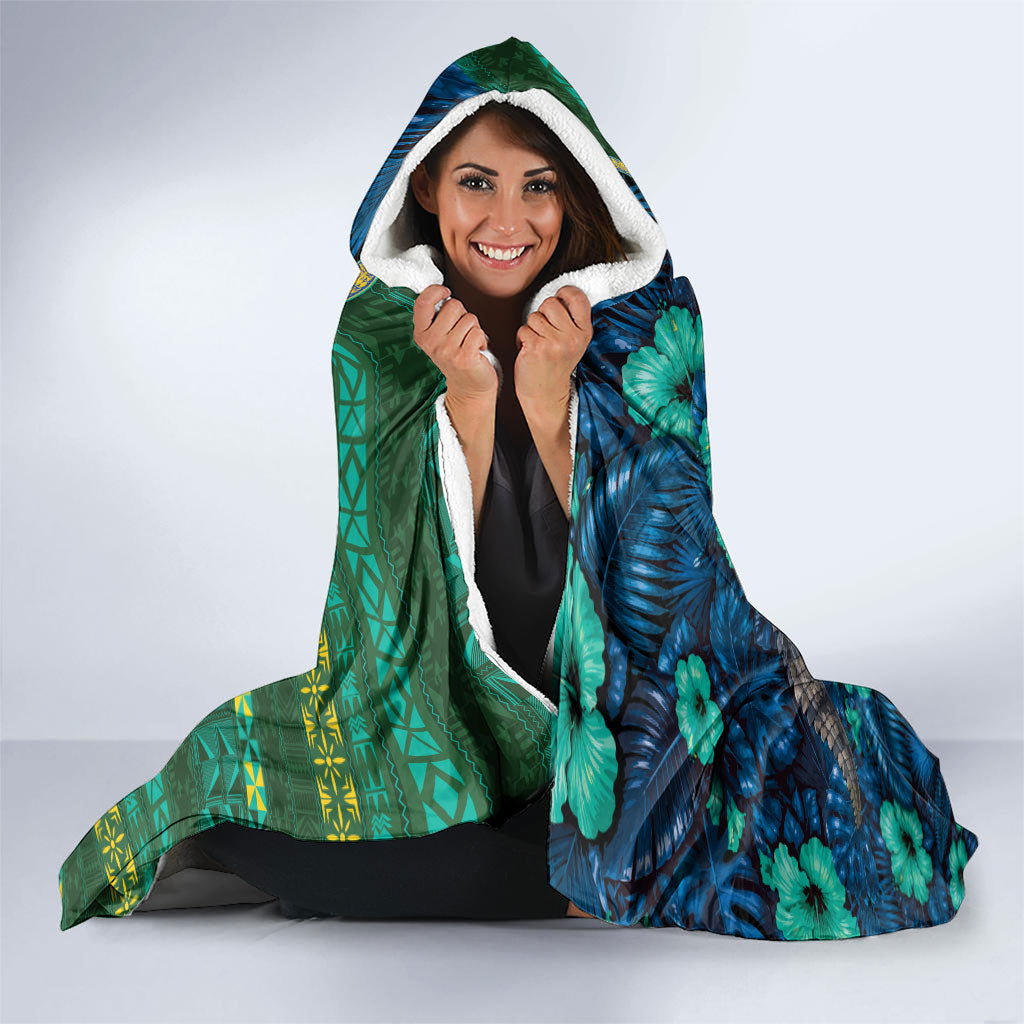Solomon Islands Independence Day Hooded Blanket Crocodile Hibiscus Tribal Pattern