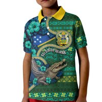 Personalised Solomon Islands Independence Day Kid Polo Shirt Crocodile Hibiscus Tribal Pattern