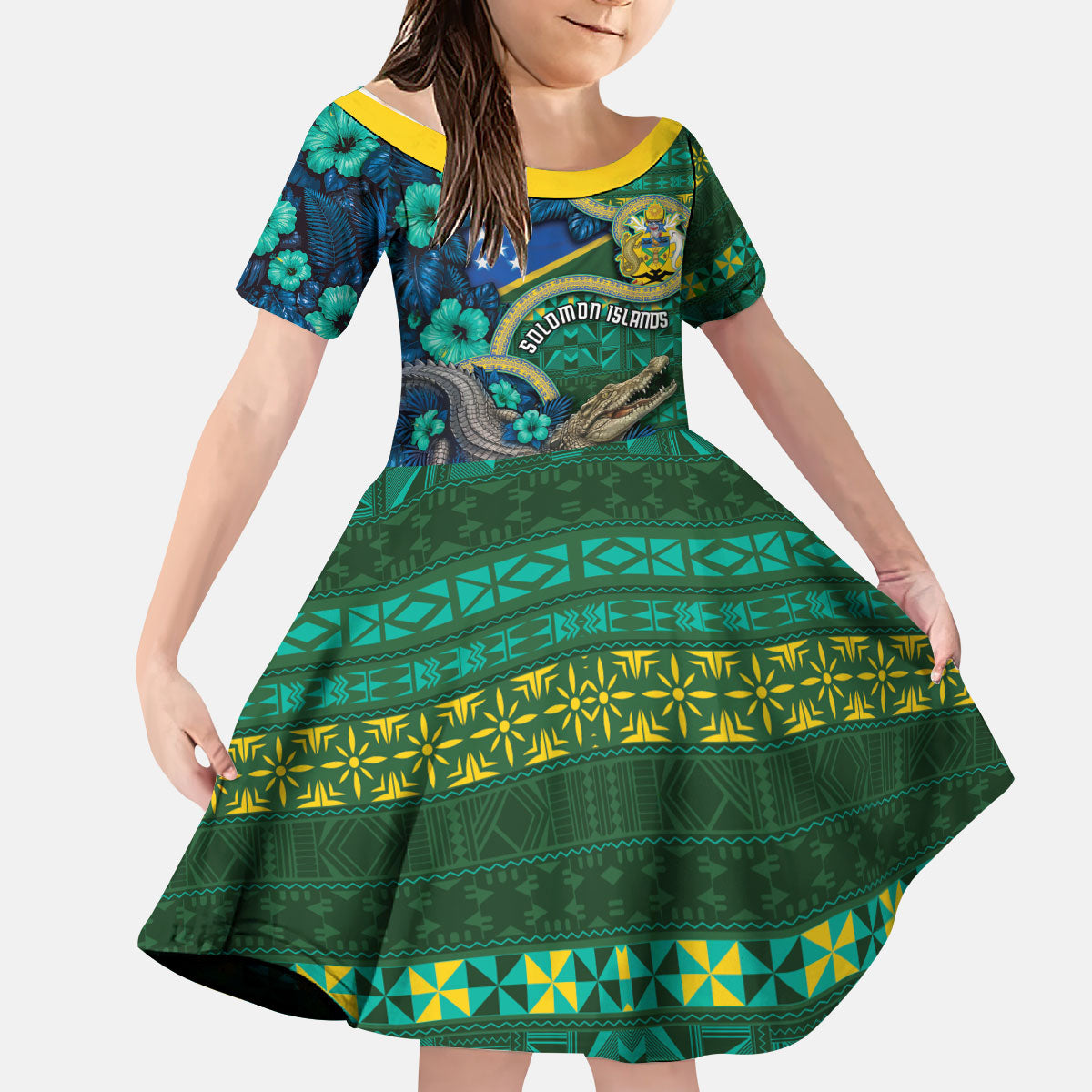 Personalised Solomon Islands Independence Day Kid Short Sleeve Dress Crocodile Hibiscus Tribal Pattern