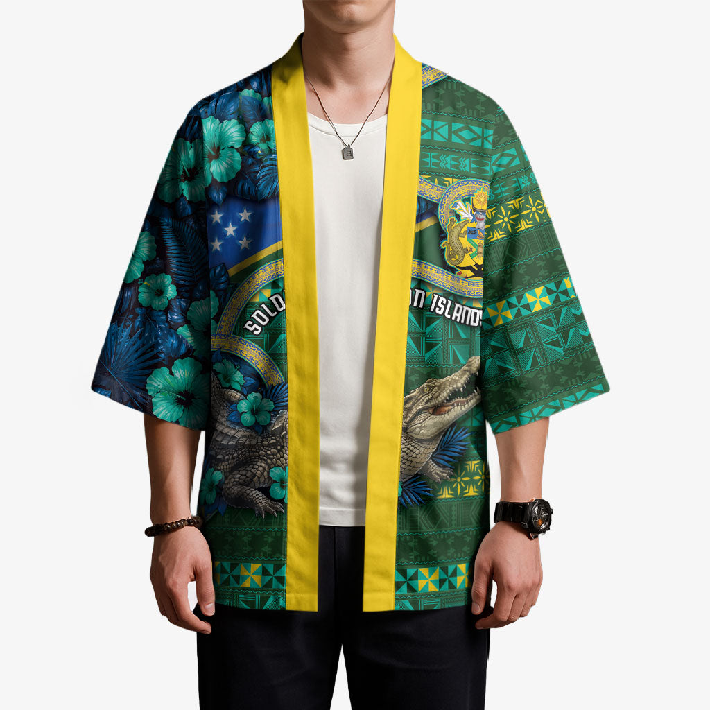 Personalised Solomon Islands Independence Day Kimono Crocodile Hibiscus Tribal Pattern
