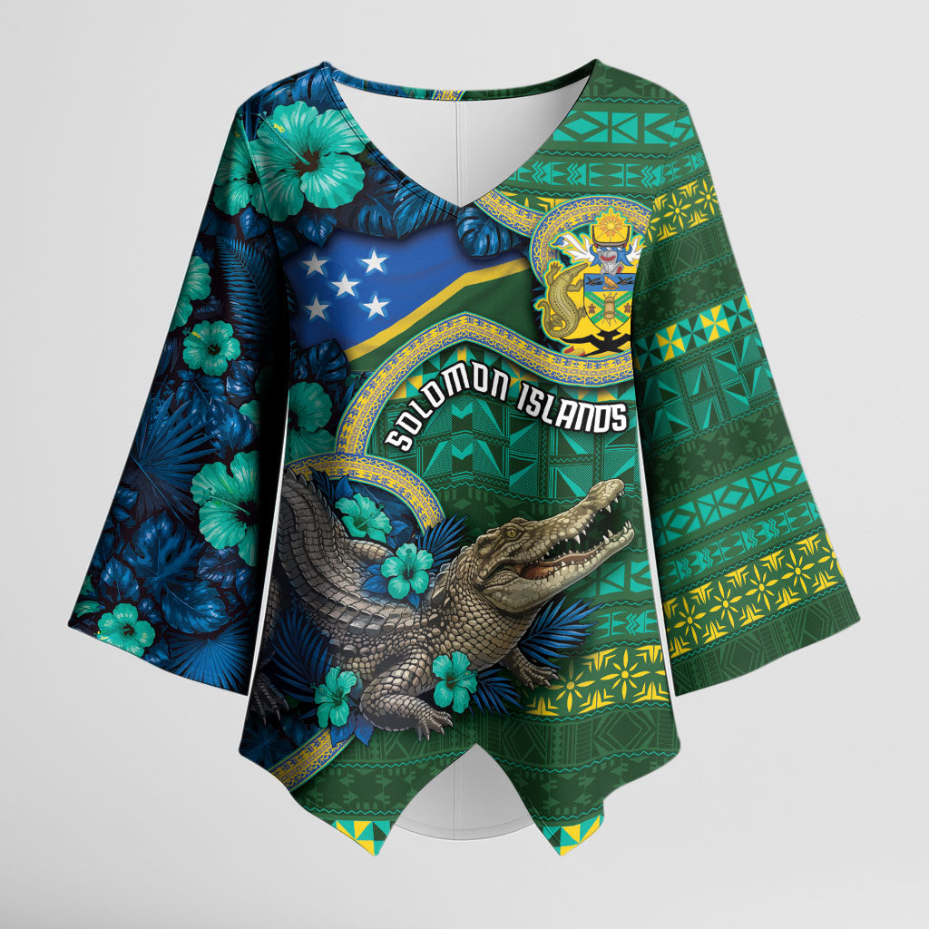 Personalised Solomon Islands Independence Day Kimono Sleeve Blouse Crocodile Hibiscus Tribal Pattern