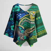Personalised Solomon Islands Independence Day Kimono Sleeve Blouse Crocodile Hibiscus Tribal Pattern