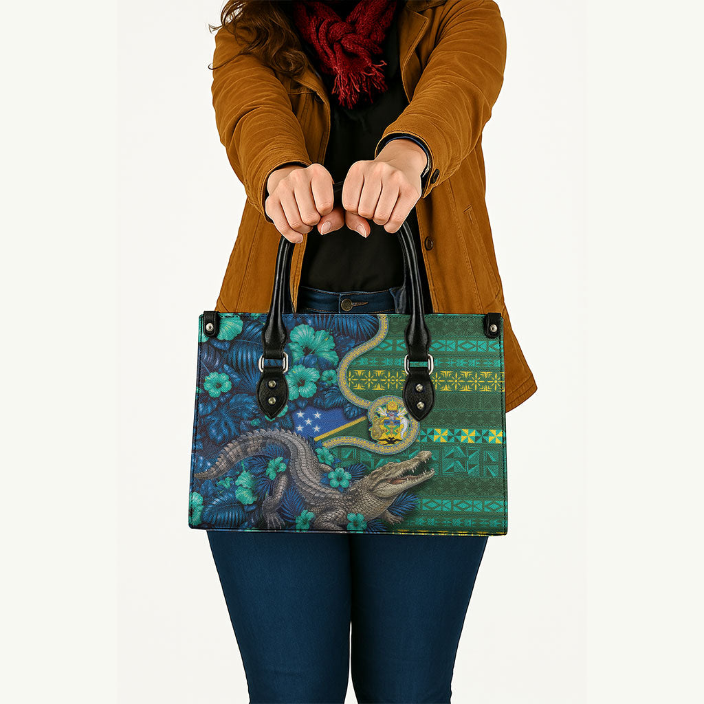Solomon Islands Independence Day Leather Bag Crocodile Hibiscus Tribal Pattern