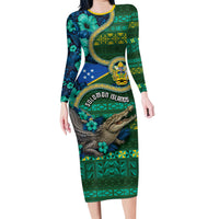 Personalised Solomon Islands Independence Day Long Sleeve Bodycon Dress Crocodile Hibiscus Tribal Pattern