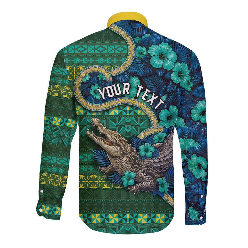 Personalised Solomon Islands Independence Day Long Sleeve Button Shirt Crocodile Hibiscus Tribal Pattern