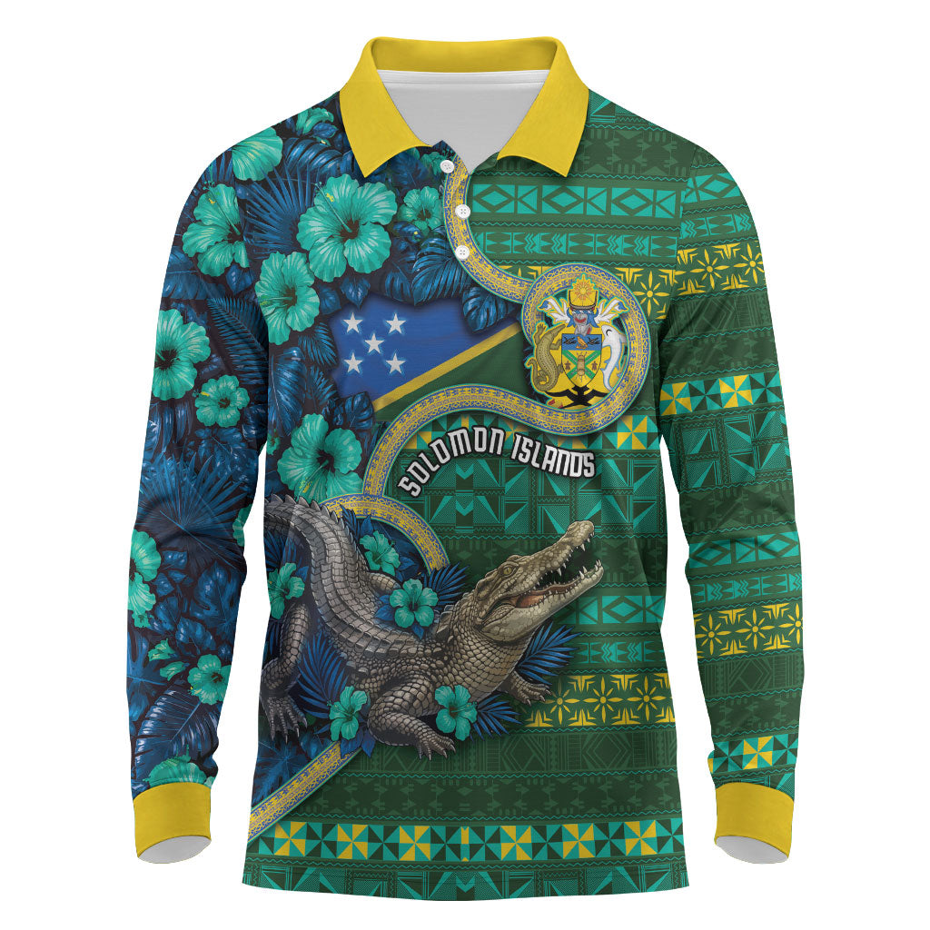 Personalised Solomon Islands Independence Day Long Sleeve Polo Shirt Crocodile Hibiscus Tribal Pattern