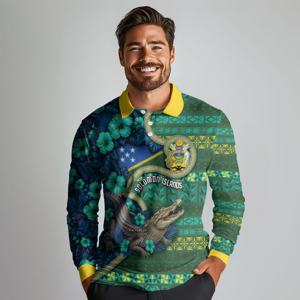 Personalised Solomon Islands Independence Day Long Sleeve Polo Shirt Crocodile Hibiscus Tribal Pattern
