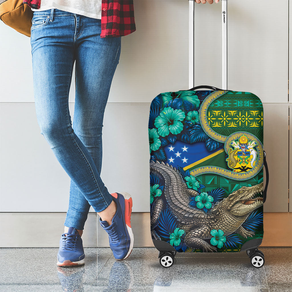 Solomon Islands Independence Day Luggage Cover Crocodile Hibiscus Tribal Pattern