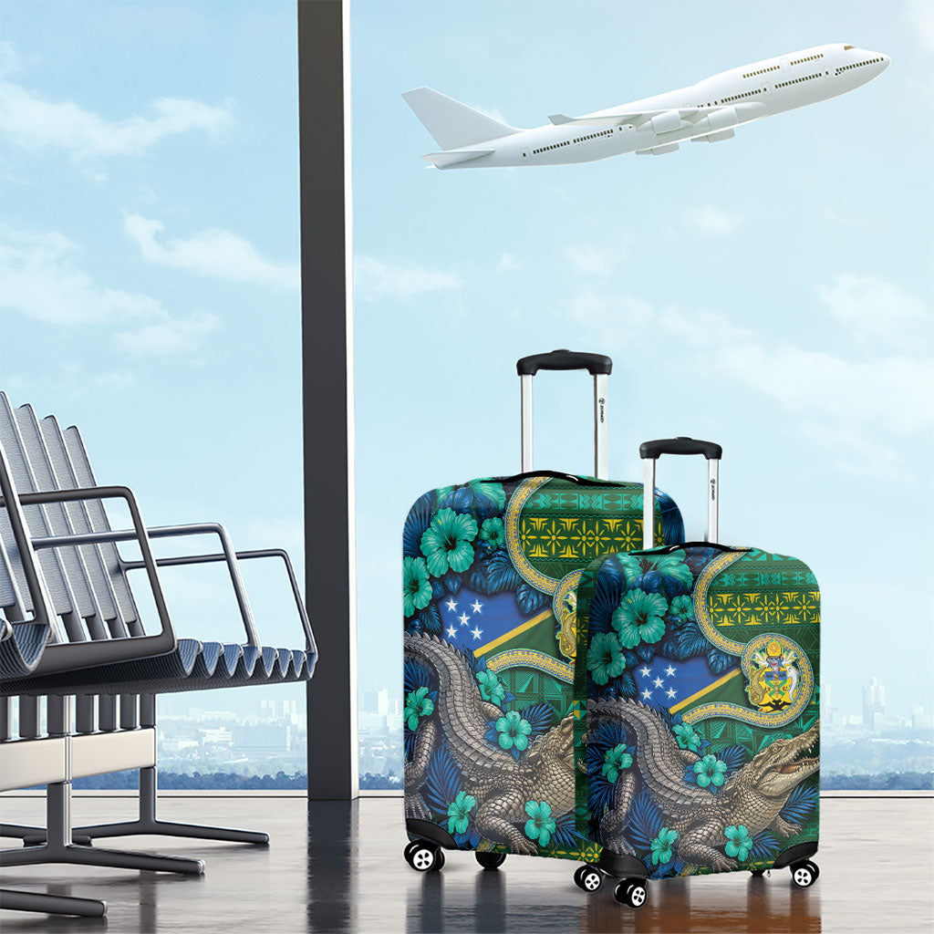 Solomon Islands Independence Day Luggage Cover Crocodile Hibiscus Tribal Pattern